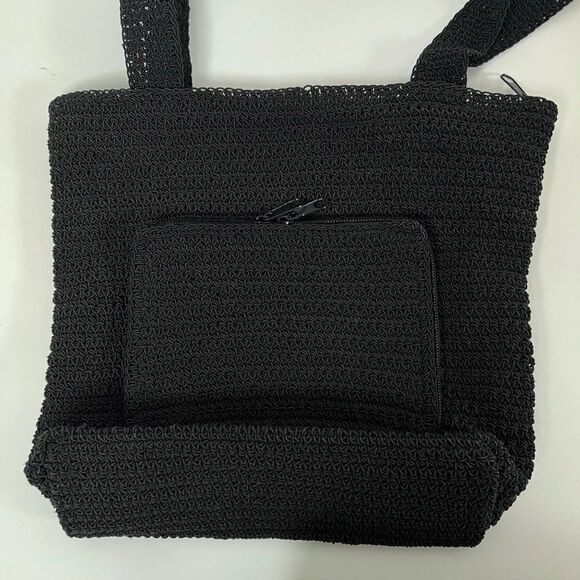 Vintage Y2K Black Boho Woven Knit Beachy Floral Cottagecore Sack Tote Bag Purse - Picture 3 of 6